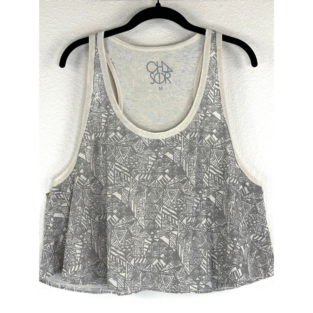 Chaser Geometric Relaxed Slouchy Muscle Tank Flowyā Crop Top Gray Cream Medium